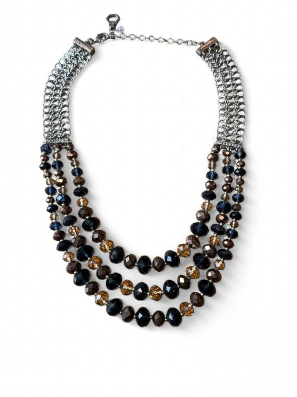 Elegant Three-Strand Blue and Brown Beaded Necklace with Silver Chainmail Design